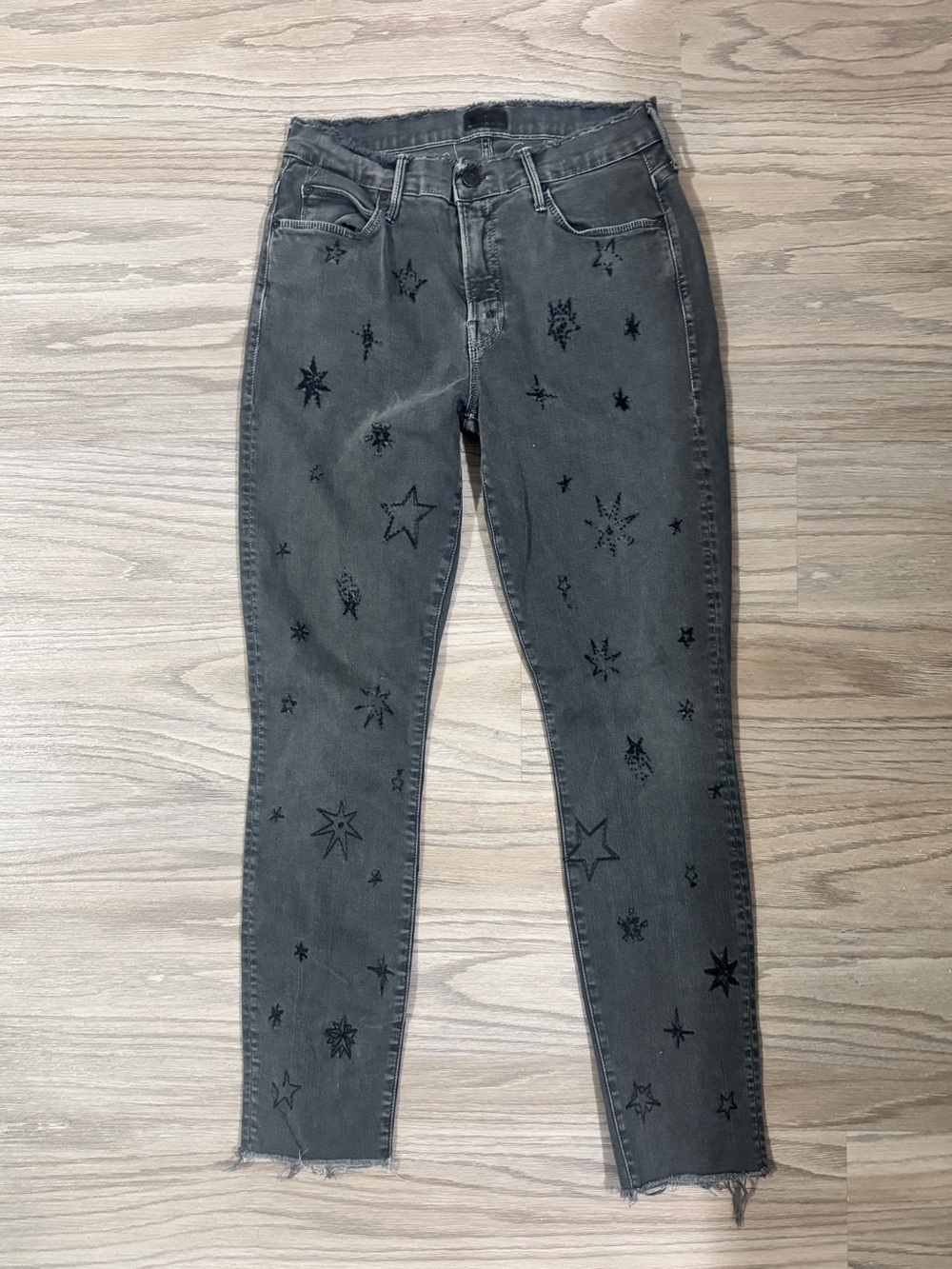 MOTHER Denim Star Print Gray Jeans Raw Hem Skinny Jean Designer Size 29